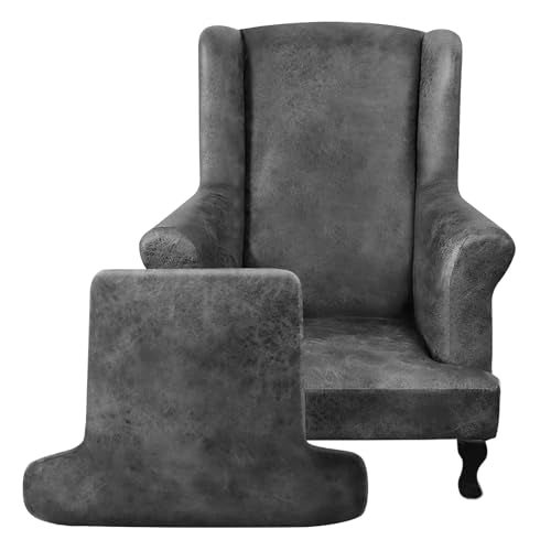 ANARACHON Leather Look Wingback Chair Covers, 2-Piece Wing Chair slipcover,Stretch Wing Back Armchair Slipcovers with Elastic Bottom, Soft Spandex Furniture Protector for Living Room (Light Grey) - color: Light Grey