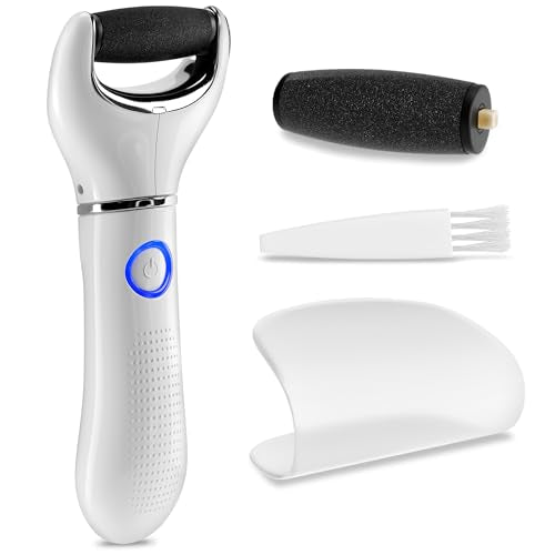 Electric Foot File Callus Remover for Feet, 3-Speed, 2 Rollers | Foot Scrubber Electric, 1800/2200/2800 RPM, 80 & 60 Grit Rollers & Cleaning Brush, LED Indicator for Cracked Heels & Dry Skin - color: White Callus Remover