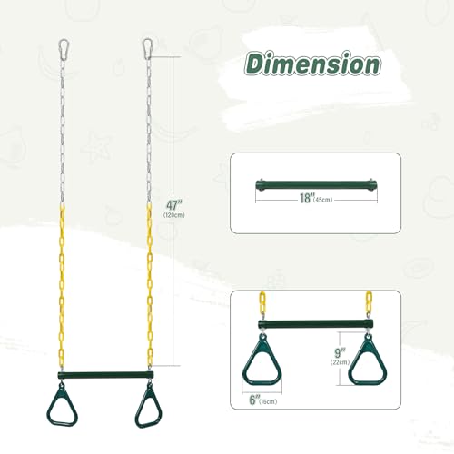 RedSwing Trapeze Swing Bar with Triangular Gymnastic Rings, Kids Swingset Heavy Duty Coated Chains with Carabiners, Outdoor Swing Play Playground Accessories, Green and Yellow - color: Green Yellow