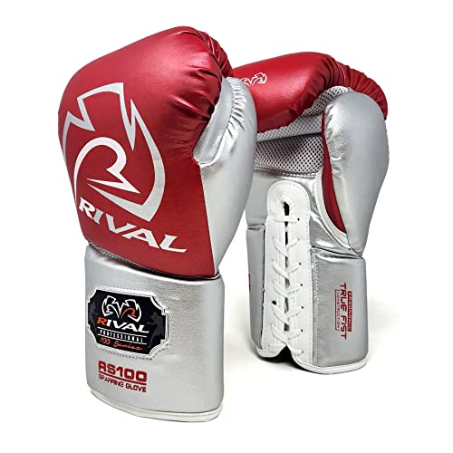 RIVAL Boxing RS100 Professional Lace-Up Sparring Gloves, Handcrafted with Super-Rich Microfiber PU, Ergonomically Designed to Perfectly Fit Your Hand - color: Red/Silver, size: 16 oz.