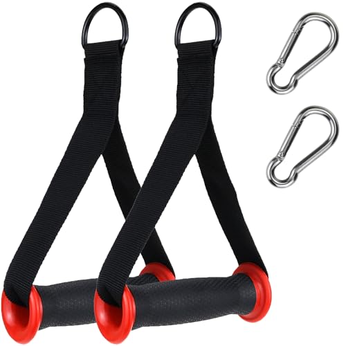 Resistance Band Handles, 2 Pack Heavy Duty Cable Machine Grips | Reinforced 2 in. webbing, D-rings, and textured grips for bands, cable machines, strength training - color: Red