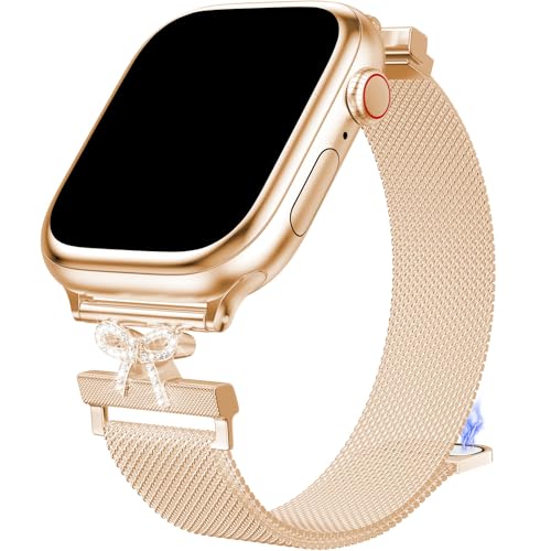 Metal Band Compatible with Apple Watch Bands for Women 38/40/41/42/44/45/46/49mm, Bow-Shaped Diamond Stainless Steel Magnetic Mesh Strap for iWatch Series 11 10 9 8 7 6 5 4 3 2 1 SE Ultra - color: Rose Gold, size: 38mm/40mm/41mm