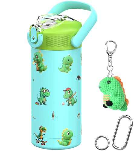 MYFOREST 14oz/400ml Insulated Kids Water Bottle, Odor-free Liner, 3D Touch | No Plastic Taste, Surgical Steel - No Chemical Leaching, Name Spot, Soft Sipper, Gift for Dino Fan, Blue. Dinosaurs - color: Blue. Dinosaurs