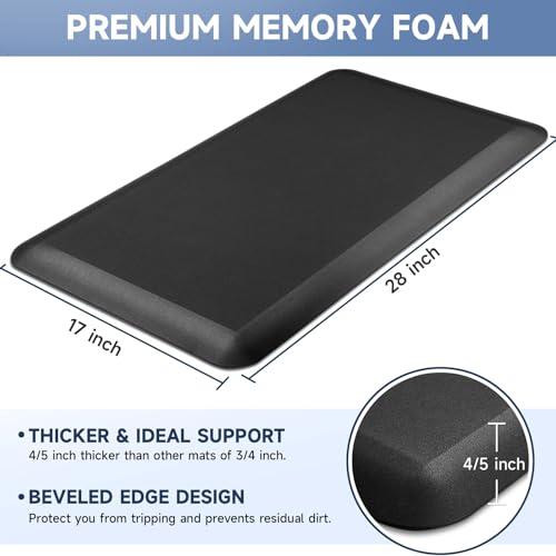 4/5 Inch Thick Kitchen Mats for Floor, StepRite Kitchen Rug for Standing Desk, Non-Slip, Thicker, Stain Resistant, Water Resistant, Comfort Anti Fatigue Floor Mat for Home, Kitchen, Office - Black - color: Black, size: 28"L x 17"W x 0.8"Th