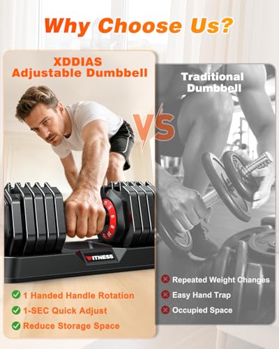 XDDIAS Adjustable Dumbbell Set for Home Gym Workout | 25 to 90 lbs, non-slip knurled grip, compact storage, one-hand adjustable - size: 25LB Pair