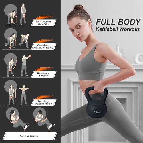 soges PVC One-Piece Kettlebell with Wide Handles, Strength Training Kettlebells 5lb to 35lb Optional for Women of Different Levels, Iron Sand Filled Soft Kettlebell - color: 10lbs - Black