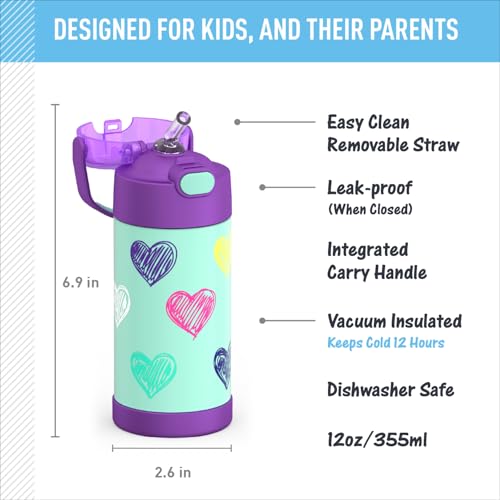 THERMOS FUNTAINER Water Bottle with Straw, 12oz, Hearts | Kids Stainless Steel Insulated Water Bottle, Keeps Drinks Cold Longer for School & Play, BPA-Free - color: Hearts, size: 12 Ounces