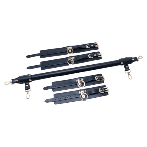 Wooden PU Spreader Bar with 4pcs PU Adjustable Straps,Workout Bar for Home Gym Training Bar,Portable Detachable Pilates Kit - style: Embossed Black+Black Kit