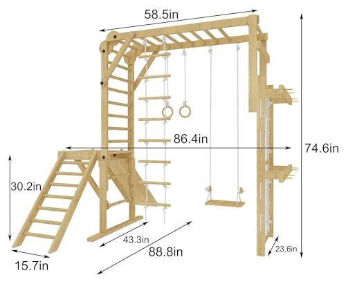 Avenlur Grove 8-in-1 Indoor Jungle Gym with Gymnastic Rings, Climbing Rope, Swing, Slide, Monkey Bars, Rope Wall Net, and Wooden and Rope Ladder - Jungle Play Set for Kids Ages 2-11 Years Old - color: Natural Wood