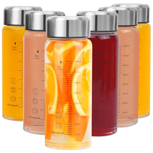 Glass Juice Bottles 6 Pack 16 oz - Wide Mouth Glass Water Bottles with Lids - for Juicing, Smoothies, Milk, Protein, BPA Free, Reusable, Stainless Steel Lids, Leak Proof, Shaker bottle (500 ml) - color: 6-Pack, size: 16 oz/500 ml