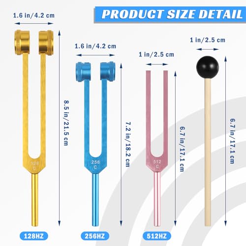 Tuning Fork Set (128Hz, 256Hz, 512Hz) of 3, Weighted & Unweighted Aluminum Forks with Reflex Hammer and Storage Bag for Chakra/Healing/Sound Therapy Instruments/Yoga/Meditation Accessories(Color) - color: 128Hz, 256Hz, 512Hz - Multicolor