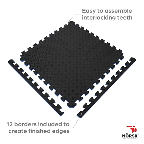 NÖRSK Duräflex Medium-Duty Reversible Interlocking Foam Floor Tiles, Diamond Plate Texture, Black/Blue, 24 X 24 X .47 in., 6-Pack (24 sq. ft.) (Black/Blue, 1.0" Thick) - color: Black/Blue, size: 1.0" Thick