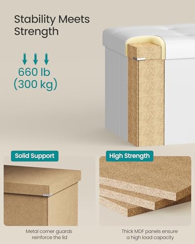 SONGMICS MAZIE Collection - 30 Inches Folding Storage Ottoman Bench, Ottoman with Storage, Foot Rest Stool, Load 660 lb, for Living Room, Synthetic Leather, White ULSF106 - color: White, size: 15"D x 30"W x 15"H
