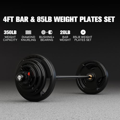 RitFit Barbell Weight Set - 4/6FT Olympic Barbell with Weight Plates (55-115LB Total) - Weightlifting Equipment for Squats, Curls, Deadlifts, Presses, Hip Thrusts - color: Black, size: 4FT With 85LB Plates