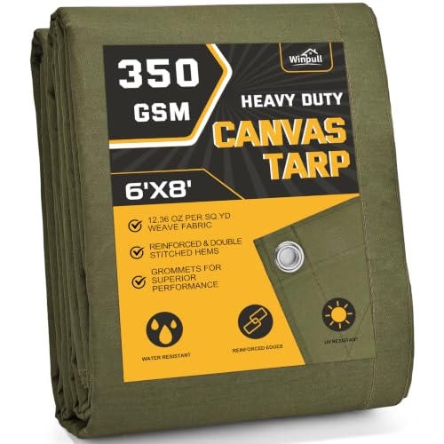 Winpull Heavy Duty Canvas Tarp 6x8 ft, 12oz (350 GSM) Cotton Canvas Water-Resistant Tarp with Rustproof Grommets, Tear-Resistant Outdoor Cover for Wood Piles, Camping, Trailer & Equipment - color: Olive Green, size: 6'x8'