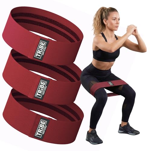 Tribe Lifting Resistance Bands for Working Out - 3 Pack Fabric Workout Bands for Women and Men - Booty Bands for Legs and Glute - Non Slip Exercise Bands Set for Squat Hip Thigh - color: Heavy Red