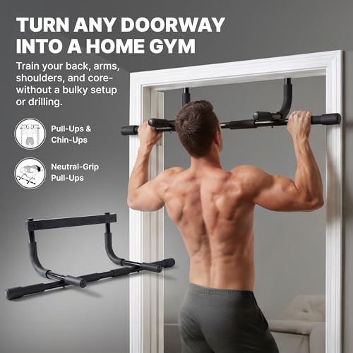 DMoose Fitness Pull Up Bar for Doorway - Upto 250 Lbs Capacity, No Screwing or Slipping, Hanging Pullup & Chin Up Bar for Door Frame - Multi Padded Grips for Strength Training with Installation Guide - color: Black Classic