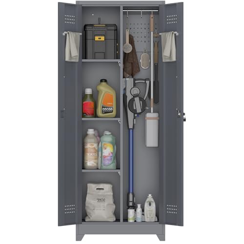 IRONFFICE Tall Storage Cabinet with Doors,Metal Garage Cabinet and Storage,Lockable Utility Closet Cabinets with Pegboard for Basement,Laundry Room,Grey - size: 15.74"D x 23.62"W x 65"H-Grey