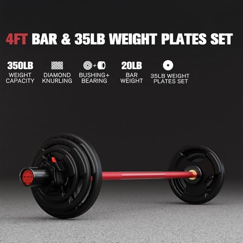 RitFit Barbell Weight Set - 4/6FT Olympic Barbell with Weight Plates (55-115LB Total) - Weightlifting Equipment for Squats, Curls, Deadlifts, Presses, Hip Thrusts - color: Black/Red, size: 4FT With 35LB Plates