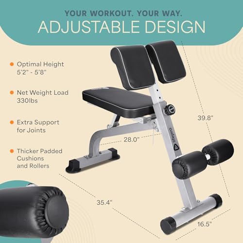 Lifepro SculptTrainer Roman Chair – 20+ Exercises, Foldable, 330 lb Cap | Hyperextension, hip thrusts, sit-ups & back extensions, 10 height positions, padded seat + dual rollers, alloy steel - color: Silver, size: Large