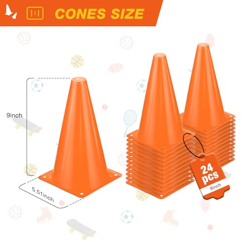 24pcs Cones 9 Inch Soccer Cones and Plastic Traffic Cones, Durable Cones for Sports Training, Ideal for Soccer, Basketball, Football, Skating, and Agility Drills Practice - color: orange