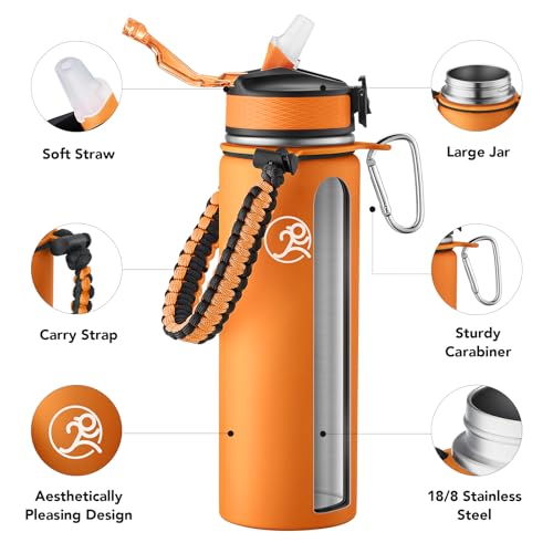 GOSWAG 24oz Insulated Stainless Steel Travel Water Bottle, 2 Lids | with straw and no straw, Paracord handle, Double-wall vacuum keeps drinks cold or hot, Leakproof tumbler - color: Matte Orange