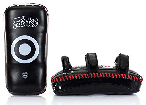 Fairtex KPLS2 Muay Thai Kick Pads Superior All Genuine Leather | Professional Training Pads for Boxing, MMA, and More | Cow Hide Leather, Curved Design, Hook & Loop Closure, Padded Straps (Black/Red)