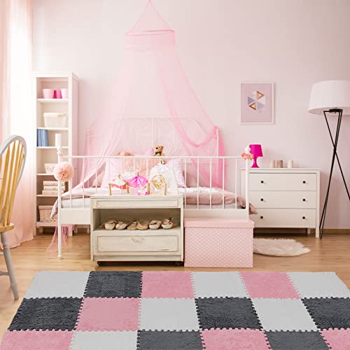Amylove 72 Pieces Plush Foam Floor Mat Square Interlocking Carpet Tiles with Border 12 x 12 x 0.4 in Fluffy Play Mat Floor Tiles Soft Climbing Area Rugs for Home Playroom(White, Gray, Pink) - color: White, Gray, Pink