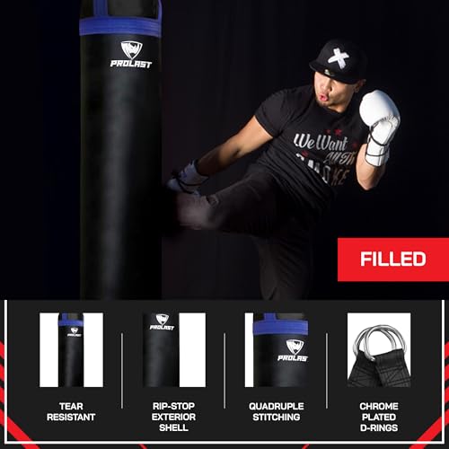 Heavy Punching Kicking Bag for Adults, Boxing, MMA, Martial Arts, Muay Thai, Strength Training Equipment, Filled, 5ft, 100 lbs, Colored Strap and Rhino Logo - color: Blue / Black, size: Filled