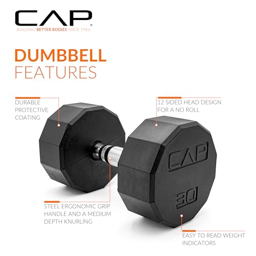 CAP Rubber Coated Dumbbell Weights, Free Weights for Home Gym Strength Training, Anti-Roll Hex Dumbbells with Black, Chrome & Comfort Grip Handles, Singles - size: 30 lb, style: 12-Sided - Chrome Handle