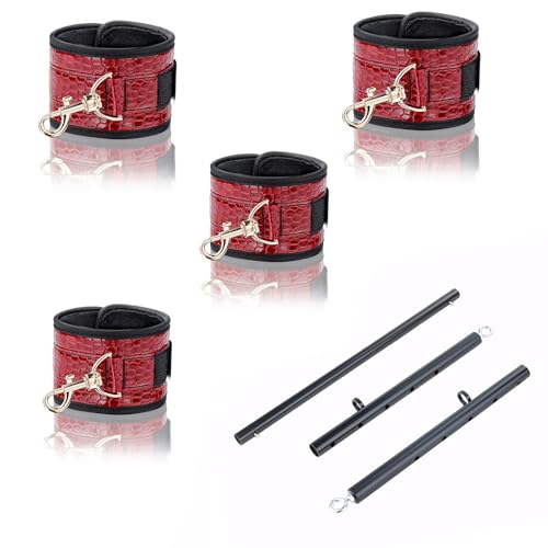 Spreader Bar Heavy Duty Stainless Steel Expandable Silver Bar Home Gym with 4pcs Furry Purple Adjustable Straps,Sports Aid Training Fitness Gear Pilates Aid Kit - style: Black+PU Crocodile Red