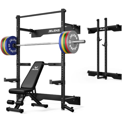 JELENS FS01 Folding Squat Rack, Wall Mounted Power Rack for Home Gym, Space Saving Multi-Functional Power Cage with More Attachments - color: Black, size: 260LB Colored Weights Package