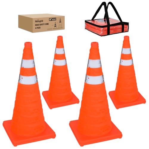 Nilight 28 Inch Collapsible Traffic Safety Cones 4 Pack - Bright Orange Parking Cones with Reflective Collars for Roadside Emergency, Parking, Driving Practice - size: 28 Inch