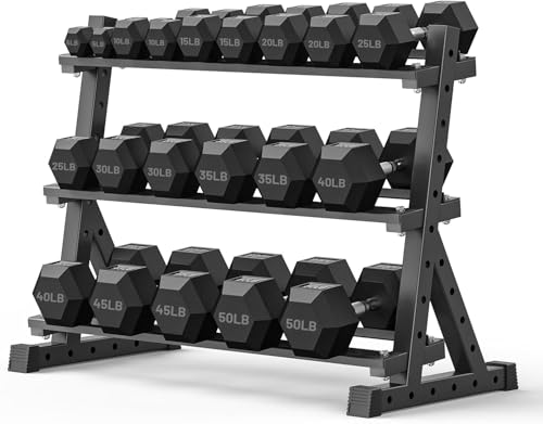 PAPABABE Dumbbell Set with Rack Dumbbells Rubber Encased Home Gym | PAPABABE Complete & Durable Cast Iron Core Odorless PVC Antiroll Hex Shape Ergonomic Chrome Handle Versatile Home Gym - size: 550LB with 3-Tier Weight Rack
