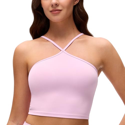 CRZ YOGA Butterluxe Cross Neck Crop Tank Tops | Light Support, Removable Pads, Yoga, Extremely Soft, Square Back, Spaghetti Straps, Longline Sports Bras for Women - color: Vita Pink, size: Small