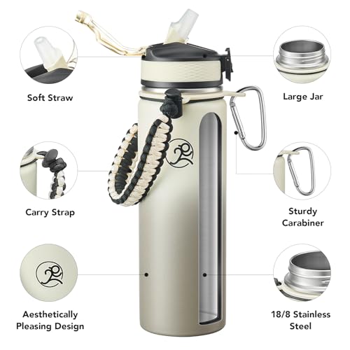 GOSWAG 24oz Insulated Stainless Steel Travel Water Bottle, 2 Lids | with straw and no straw, Paracord handle, Double-wall vacuum keeps drinks cold or hot, Leakproof tumbler - color: Beige-Gray Ombré