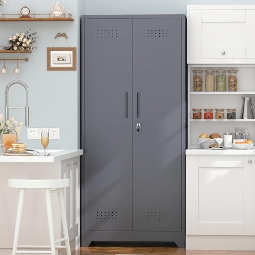 IRONFFICE Tall Storage Cabinet with Doors,Metal Garage Cabinet and Storage,Lockable Utility Closet Cabinets with Pegboard for Basement,Laundry Room,Grey - size: 15.74"D x 23.62"W x 65"H-Grey
