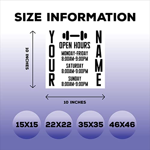 Catchy Custom Business with Open Hours Gyms Name and Barbell - Fitness and Gym Open Decal for Indoor and Outdoor Use - Personalized Custom Gym Logo Sticker - color: Dec 22