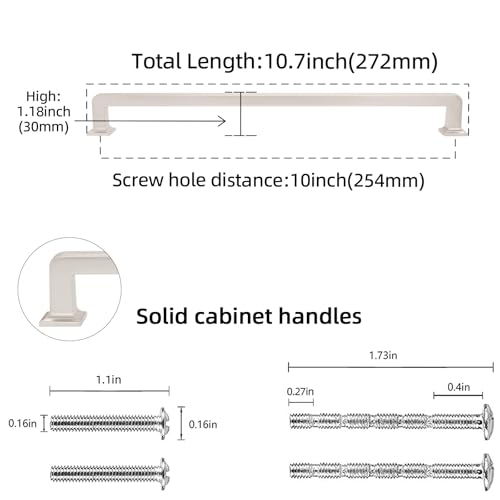 10 Pack 10 inch(254mm) Brushed Satin Nickel Kitchen Cabinet Handles Cabinet Pulls Sliver Drawer Pulls Kitchen Cabinet Hardware Handles Dresser Handles - color: Brushed Satin Nickel, size: 10" Hole Center（254mm）
