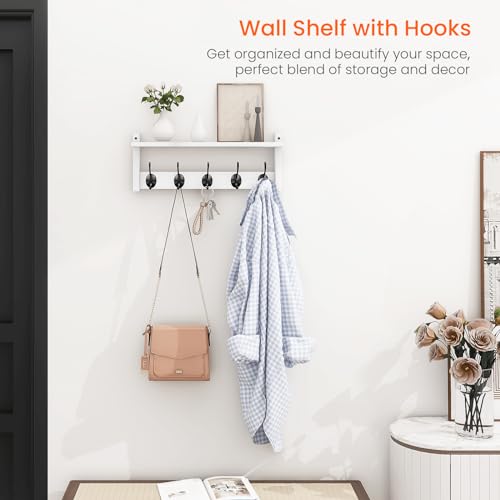 Homode Wall Shelf with Hooks, Coat Rack Wall Mount with Pegs, Hanging Entryway Coat Hanger, Wood and Iron Shelf for Bathroom, Hallway, Bedroom, White - color: White, size: 17.1 Inch Long