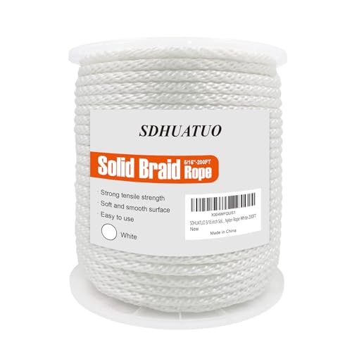 SDHUATUO 5/16 Inch Nylon Solid Braided Rope, 200FT Polyester Cord White | 1760 lbs, UV Resistant & Wearproof, Soft Flexible Rope for Swings, Camping Tent, Flagpole, Outdoor Twine, Dog Leashes - color: White, size: 5/16''-200ft