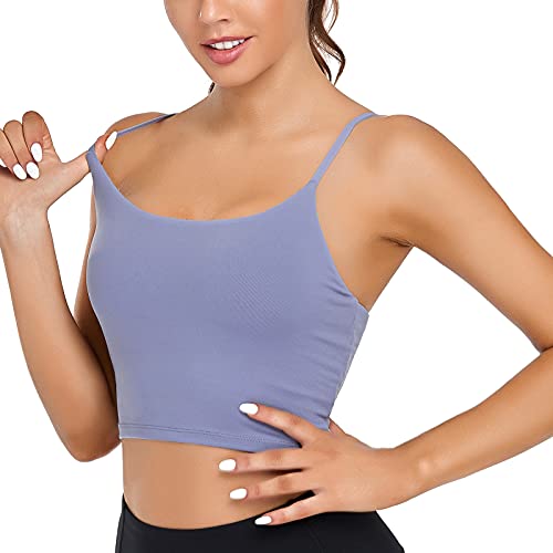 Lemedy Women Padded Sports Bra Yoga Tank Top | Light Support, Longline, Fitness Workout Running Shirts, Removable Pads, Spaghetti Straps, for Women - color: Lavender, size: Small