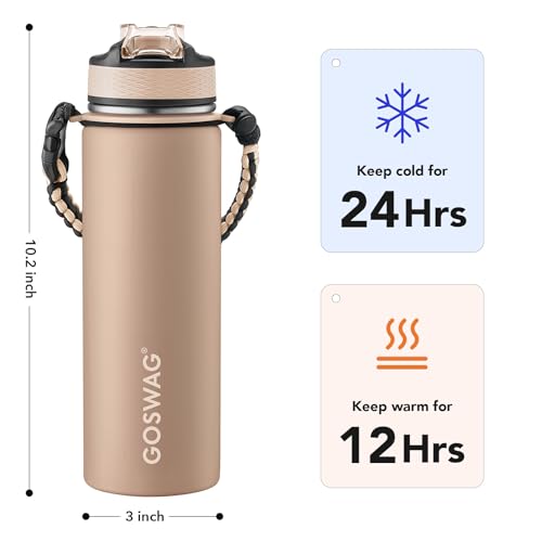 GOSWAG 24oz Insulated Stainless Steel Travel Water Bottle, 2 Lids | with straw and no straw, Paracord handle, Double-wall vacuum keeps drinks cold or hot, Leakproof tumbler - color: Matte Latte Brown