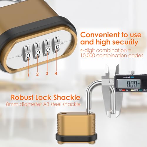 6 Pack Heavy Duty Combination Lock Outdoor, 4-Digit Weatherproof Combo Lock | Resettable Brass Combination Padlock for Gate, Locker, Shed, Garage, Fence, Gym, Storage Unit - color: Gold