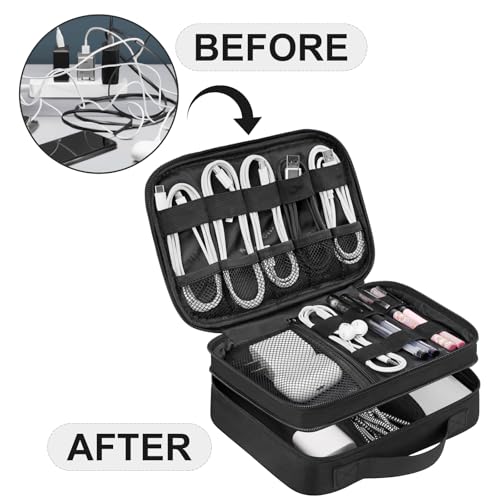 MATEIN Electronic Organizer Travel Case, Small Double Layers Cable Organizer for Travel Accessories, Water Resistant Portable Tech Case for Phone, Cords, Charger, Earphone, Tech Gifts, Black - color: Antique Black, size: Small