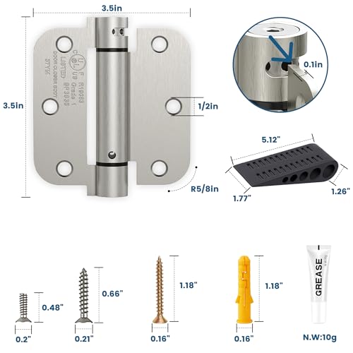 2 Pack 3.5 Inch Self Closing Door Hinges Kit, Satin Nickel | Spring loaded; includes door stopper, lubricant and 16 anchors; 5/8" radius; adjustable tension; UL listed - color: Satin Nickel - kit, size: 3.5" (2 Pack)