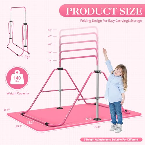 Expandable Gymnastics Bars with Ring, Adjustable Height Gymnastic Horizontal Bars, Gym Junior Training Bar Children Folding Training Monkey Bars for Kids - color: Mat+Pink