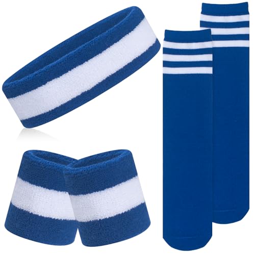 ONUPGO 5 Pieces Kids Sweatbands Soccer Socks Set - Sports Headband, Wristbands, Striped High Socks for Kids, Youth,Toddler & Baby - Football, Basketball, Running, Cycling, Tennis - color: Blue/White/Blue
