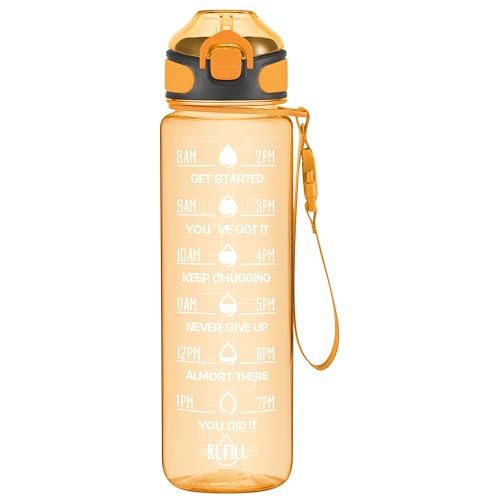 Enerbone 32 oz Water Bottle with Times to Drink and Straw, Motivational Drinking Water Bottles with Carrying Strap, Leakproof BPA & Toxic Free, Ensure You Drink Enough Water for Fitness Gym Outdoor - color: Orange