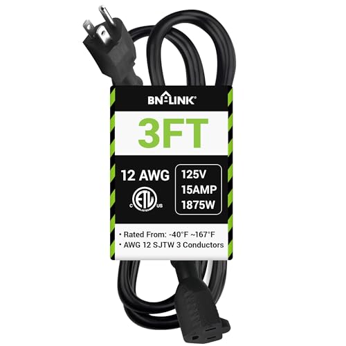 BN-LINK 3ft Outdoor Extension Cord, 15amps,12/3 SJTW Heavy Duty Power Cord, 3-Prong Grounded Plug, Weather Resistant, 1875W, Black, for Lawn, Garden, Appliances, ETL Listed - color: Black, size: 3FT
